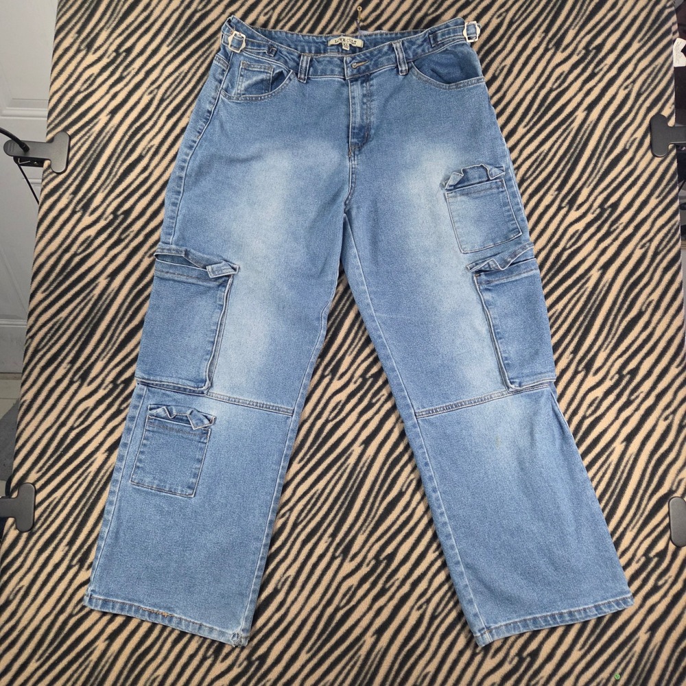 Love Cult Cargo Jeans Light Wash Wide Leg Multi Pocket Blue XL Y2K Aesthetic